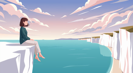 Fototapeta premium Vector illustration of a young woman sitting on a cliff overlooking the sea during a peaceful sunset, serene coastal landscape art