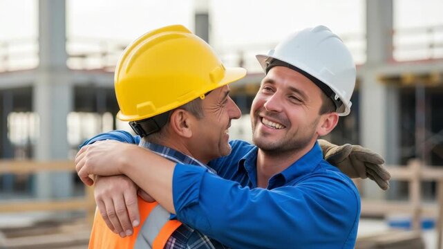 Construction Workers Embracing Smiling Happily On Construction Site With Partially Constructed Building In The Background Illustrates Camaraderie Teamwork For Business Construction S