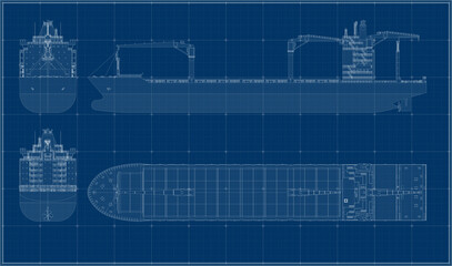 Cargo ship. Container ship built between 1991 and 2000. Blueprint. Drawing of a sea vessel in four projections. © Olena
