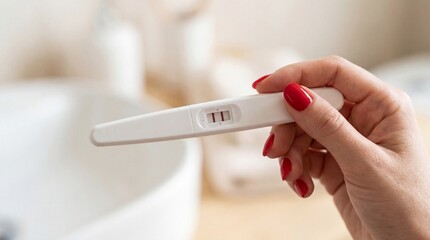 Fototapeta premium Red Nails with Double Lines Positive pregnancy test in bathroom.
