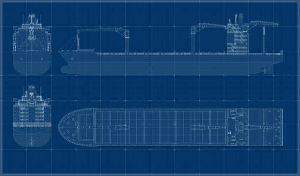 Cargo ship. Container ship built between 1991 and 2000. Blueprint. Drawing of a sea vessel in four projections.