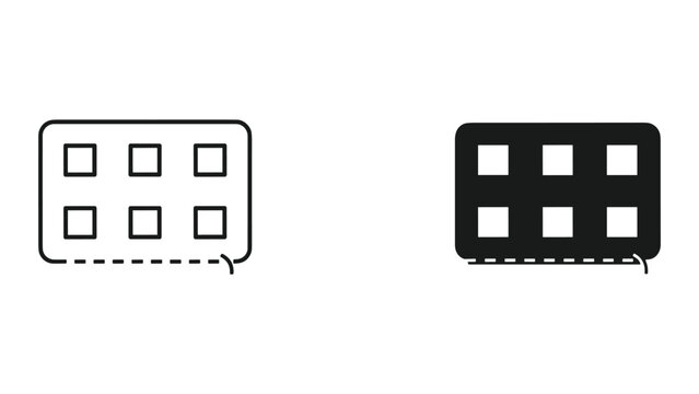 Pills Medicine Icon Set: Outline and Solid Black Pill Blister Pack with 6 Capsules