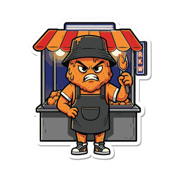 Angry cartoon bear food vendor worker.