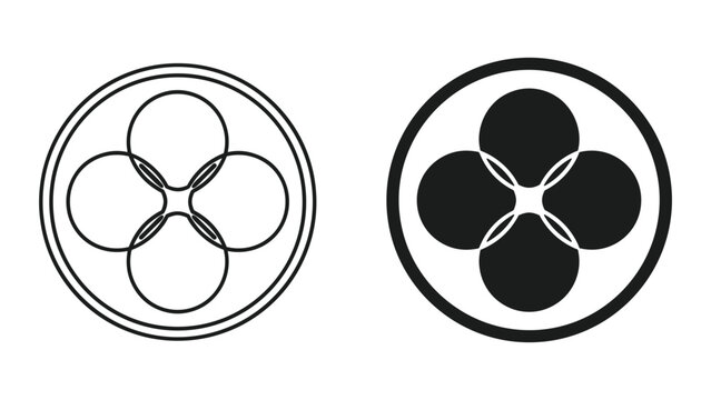 Two Circles with Four Intersecting Petal Shapes: Line Art and Solid Black Icons