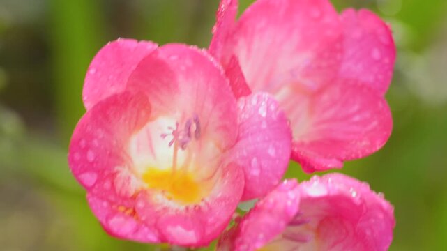 Close up of vibrant pink freesia flowers covered with water droplets after rain, natural green blurred background, fresh spring bloom, delicate petals, romantic botanical macro