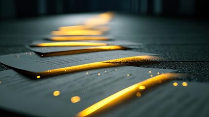 Visual Representation Showing Audit Trail as Glowing Path of Documents in a Tech Setting With Dark Background and Depth Layers