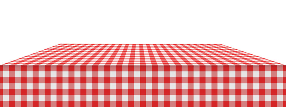 Picnic or kitchen table surface with checkered red and white gingham tablecloth on it. Perspective view. Italian cafe or restaurant interior element. Breakfast or dinner concept. Vector illustration.