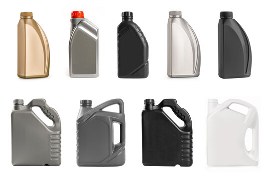Collection of various plastic motor oil bottles and gallon jugs in black, grey, gold, and white, isolated on a white background.