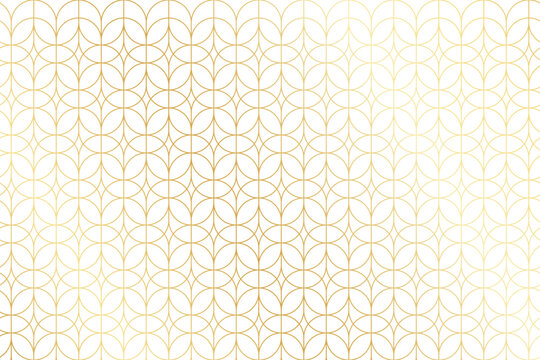 Art deco pattern with repeated overlapped gold oval shapes on white background. Luxury geometric print. Elegant minimalistic wallpaper. Golden shiny abstract ornament. Vector illustration.