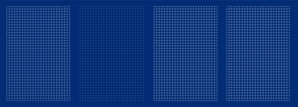 Collection of blueprint grid backgrounds on blue backdrop. regular graph paper, dotted matrix, sharp technical mesh rounded square lattice for engineering plans, school notes, UI layouts infographic.
