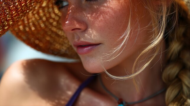 Close up of woman face and lips with sun hat shadow