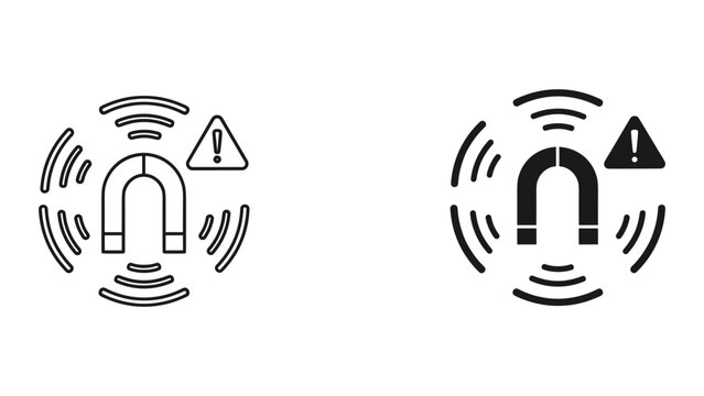 Magnet with Warning Sign and Magnetic Field Waves, Line and Solid Icons