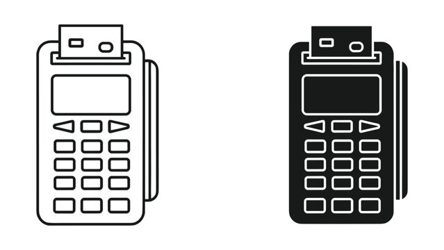 POS Machine with Credit Card and Keyboard Icons, Line Art and Solid Style