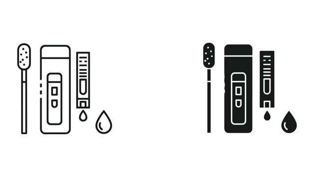 COVID-19 rapid antigen test kit icons - sample swab, testing device, result cassette, and liquid drop