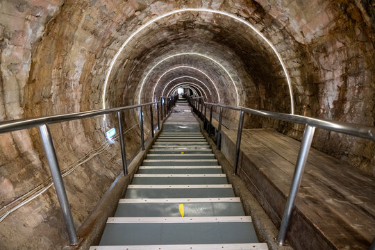Stairway tunnel inside Salina Turda salt mine, Romania