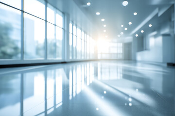 Fototapeta premium Empty Modern Glass Corridor With Reflections, Bright Corporate Hallway Background