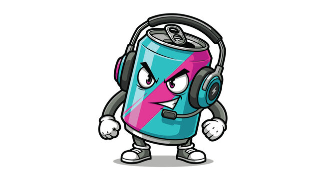 Angry soda can with headphones on.
