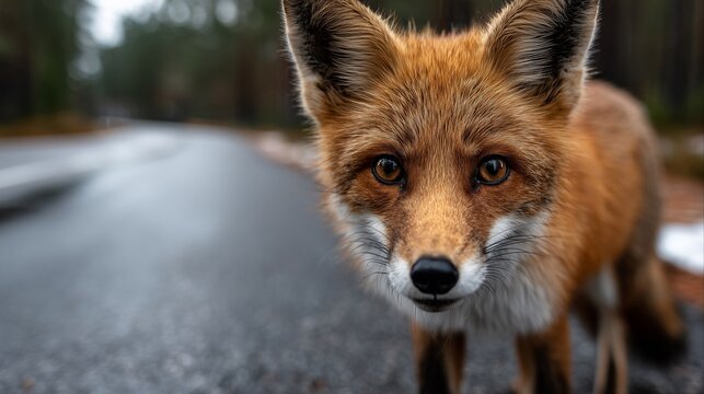 Close up portrait of cute wild red fox standing on asphalt road