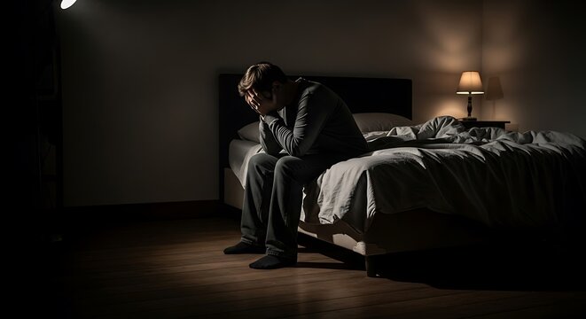 Man sitting on the edge of his bed in a dark room, head in hands, looking distressed