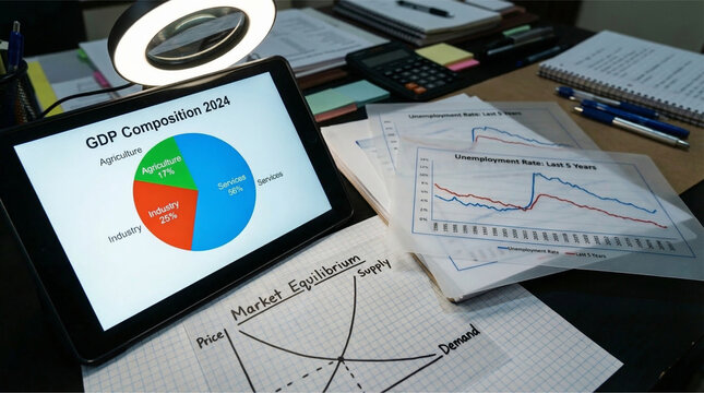 Economics Dashboard Close-Up With GDP Pie Chart on Tablet Unemployment Graphs on Translucent Film and Supply-Demand Curve on Acetate Under LED Ring Light