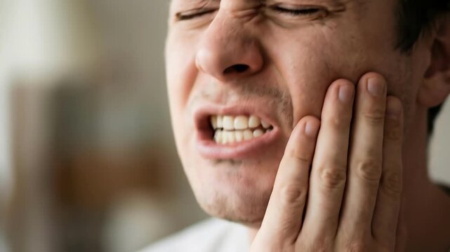 Agonizing Toothache Man in Pain with Hand on Face.
