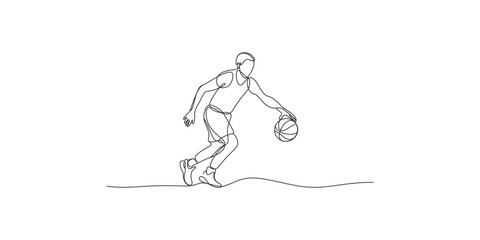 Fototapeta premium Continuous line drawing of a basketball player dribbling on the court with one hand art
