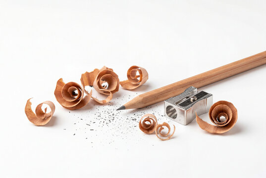Wooden pencil beside a metal sharpener and curled wood shavings resting on a smooth white surface