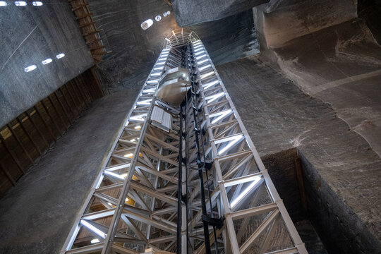 Upward view of the Salina Turda elevator tower structure