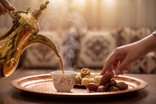 Pouring traditional arabian coffee from a golden dallah pot into a cup during ramadan