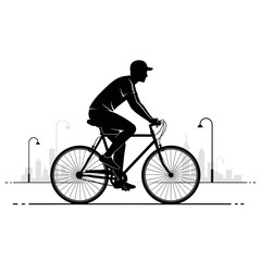 Fototapeta premium Man riding bicycle on city street at night with lampposts and buildings