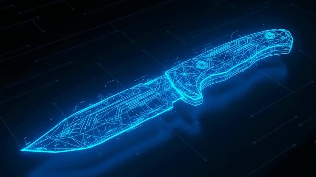 Glowing Wireframe Knife Rendered In Blue Resting On Dark Circuit Board Background With Connecting Lines Digital Security Data Technical Themes Could Be Used For Design Tech Articles