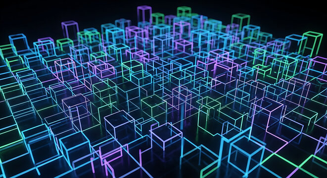 A vibrant, abstract cityscape constructed from glowing neon cubes and rectangular prisms in shades of blue, purple, and green, set against a dark, futuristic backdrop.