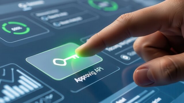 A close-up view of a human finger professionally pressing a luminous digital key icon, glowing vibrant green on a sleek touchscreen interface with the prominent text 'Approvig API', amidst a blurred