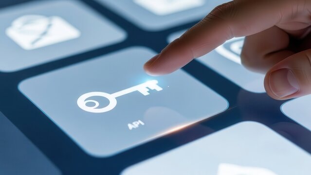 A modern, interactive human index finger gently pressing a glowing, abstract digital key icon, prominently labeled 'API,' on a sleek, transparent glass-like touch screen interface, set against a