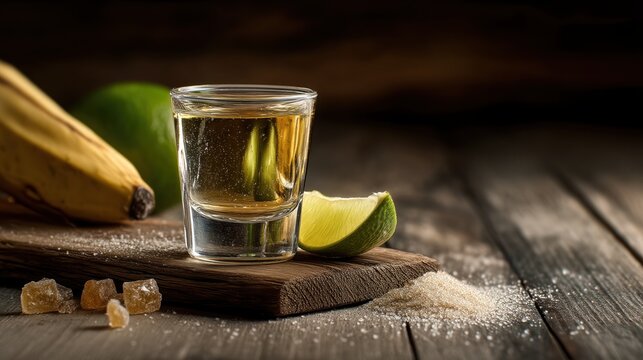 Cachaca Served in a Glass With Lime, Sugar, and Banana on Wooden Board