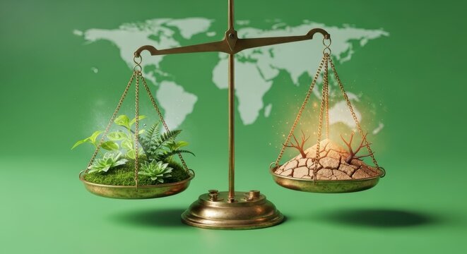 a scale with money on one side and plants on the other with a world map in the background on a green