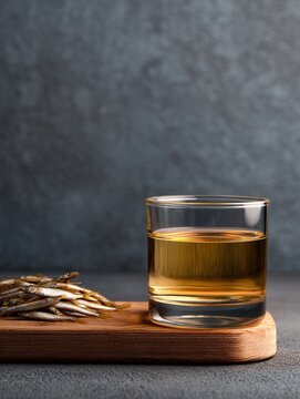 Sri Lankan Arrack in a Glass With Fried Sprats on a Wooden Board