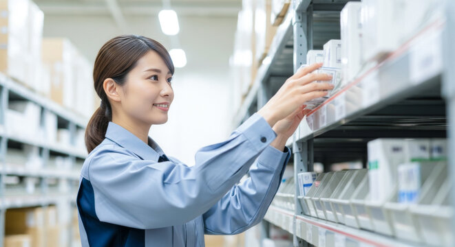 物流倉庫で働く女性スタッフ：商品在庫管理