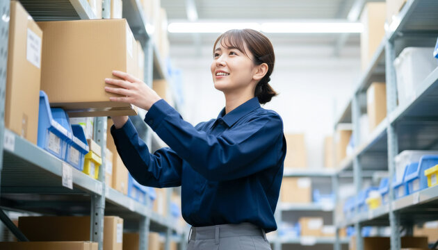 物流倉庫で働く女性スタッフ：商品在庫管理
