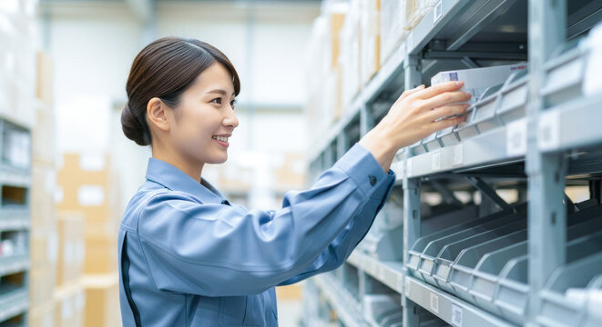物流倉庫で働く女性スタッフ：商品在庫管理