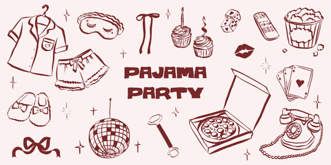 Pajama party doodle set with pizza, cupcake and bow. Hand sketched bachelorette icons perfect for greeting cards, vintage invitations and fun event designs. Outline whimsical symbols © Olga Rai