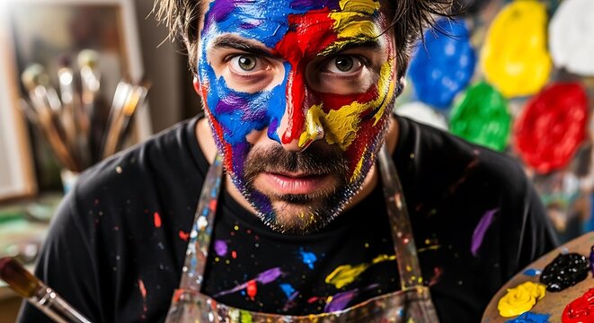 Artist with face covered in vibrant paint, holding palette and brushes in studio