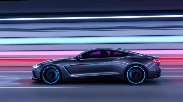 Futuristic Gray Sports Coupe Speeding Through Neon-lit Tunnel With Blurred Colorful Lights In The Background Illustrates Speed Technology Transportation Future Of Automotives For Des