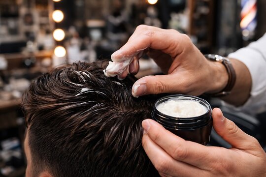 Barber applying hair styling product to a man's hair in a professional barbershop setting.