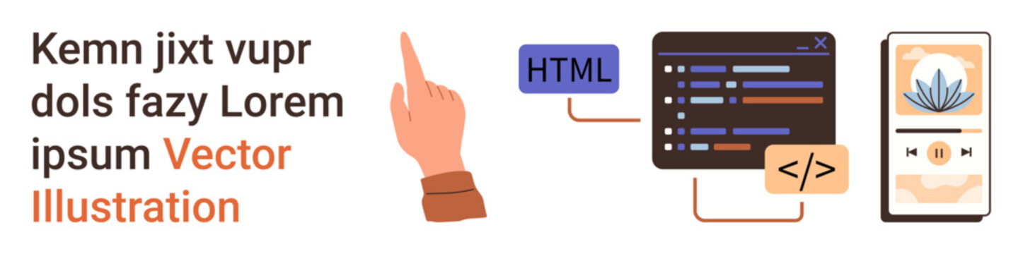Web development, coding education, user interface design, mobile app design, programming tutorial, software development. Hand pointing to code editor, HTML tag and mobile app screen. Web development