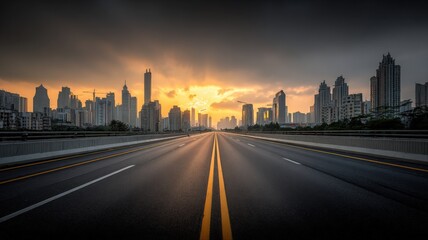Obraz premium Urban Landscape: Empty Road Leading to a Modern Cityscape at Sunset, Emphasizing Infrastructure and Urban Development