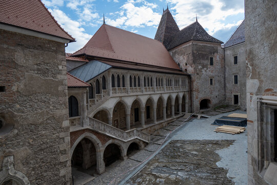 Medieval arcade courtyard at Corvin Castle, Hunedoara