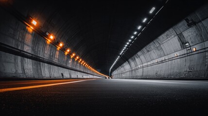 Fototapeta premium Tunnel Interior with Dim Lighting and Vehicle Headlights in the Distance at Night