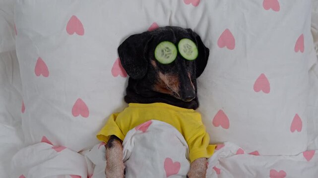 Black and tan dachshund lies tucked under white bedding with pink hearts wearing a yellow shirt and cucumber slices over its eyes making a playful spa style bedroom scene