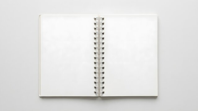 Blank open spiral notebook with white pages on a clean background, top view.